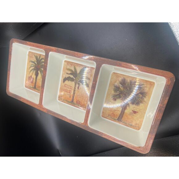 Lots of 4 Evergreen Melamine Palm Tree Serving Plate Dish Divided 3 Part - Picture 2 of 4